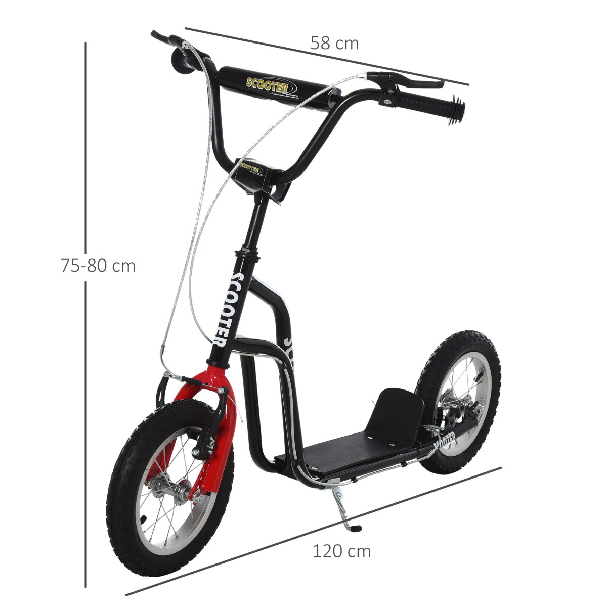 HOMCOM 75-80cm Kids Kick Scooter Adjustable Handlebar Inflatable Wheels Black