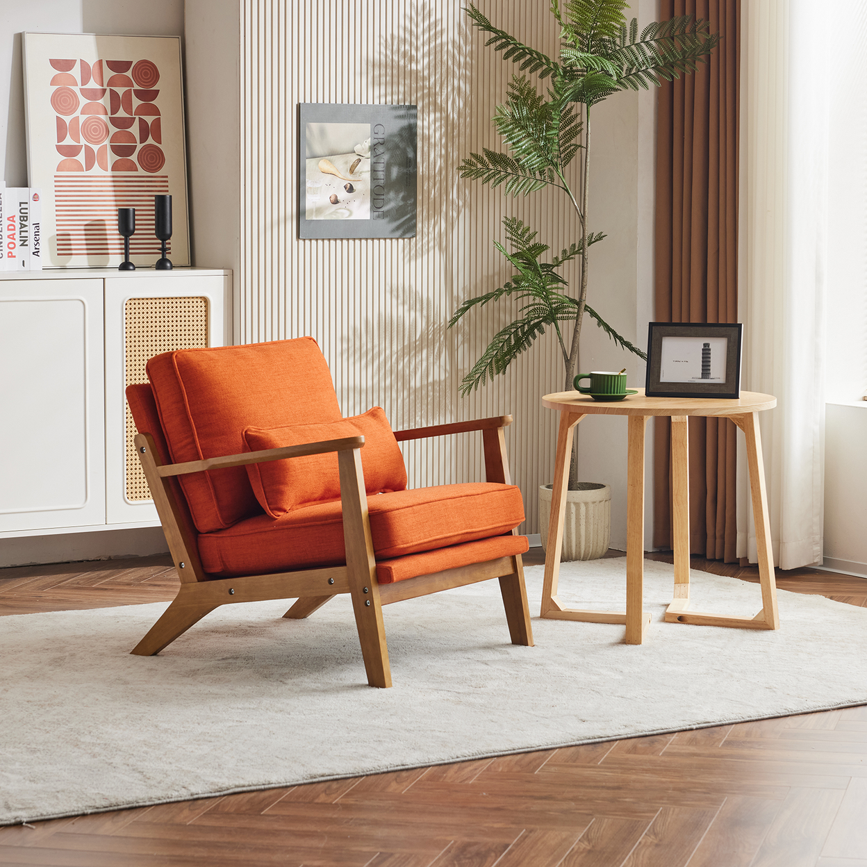 Mid-Century Modern Accent Chair with Wooden Frame - Oak Armrest, Linen-Cotton Burnt Orange Upholstery, Single Seater Lounge Chair for Living Room (Weight Capacity 330LBS)