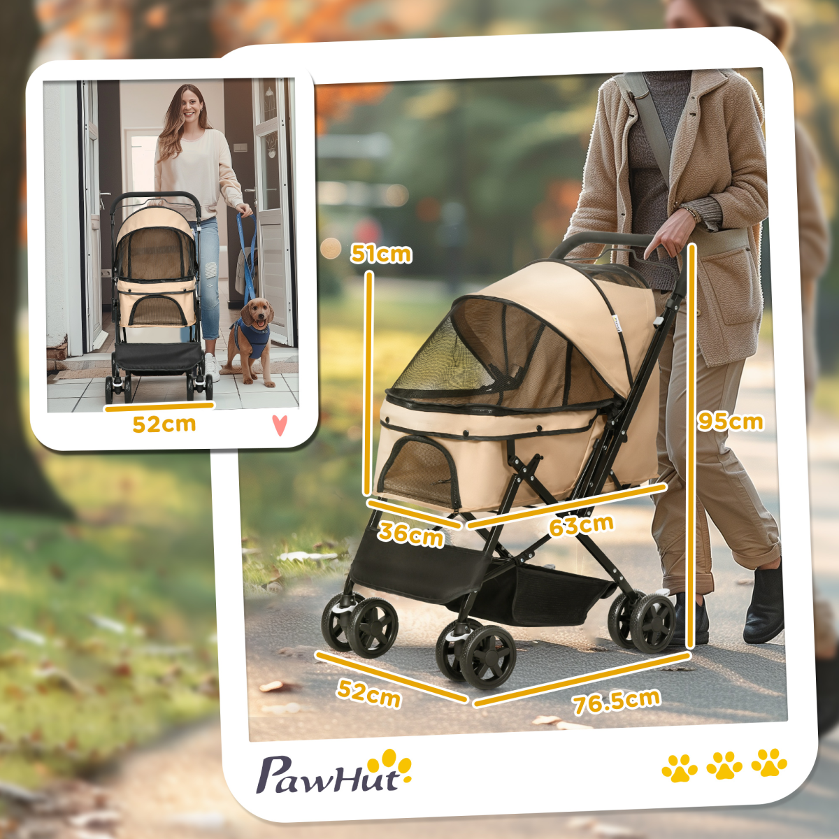 Pet Stroller Dog Foldable Travel Carriage with Reversible Handle, Brown