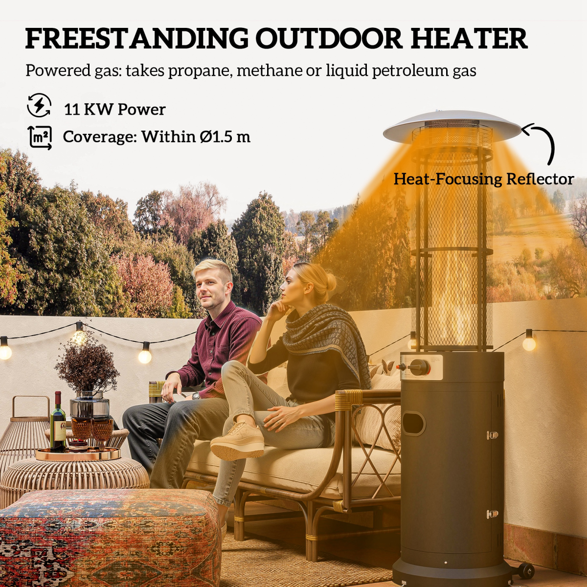 Outsunny 11 KW Gas Patio Heater, Propane Heater with Tip-Over Switch, Black