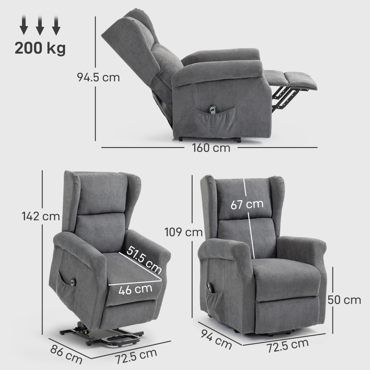 HOMCOM Power Lift Chair, Fabric Recliner Armchair w/ Remote Charcoal Grey