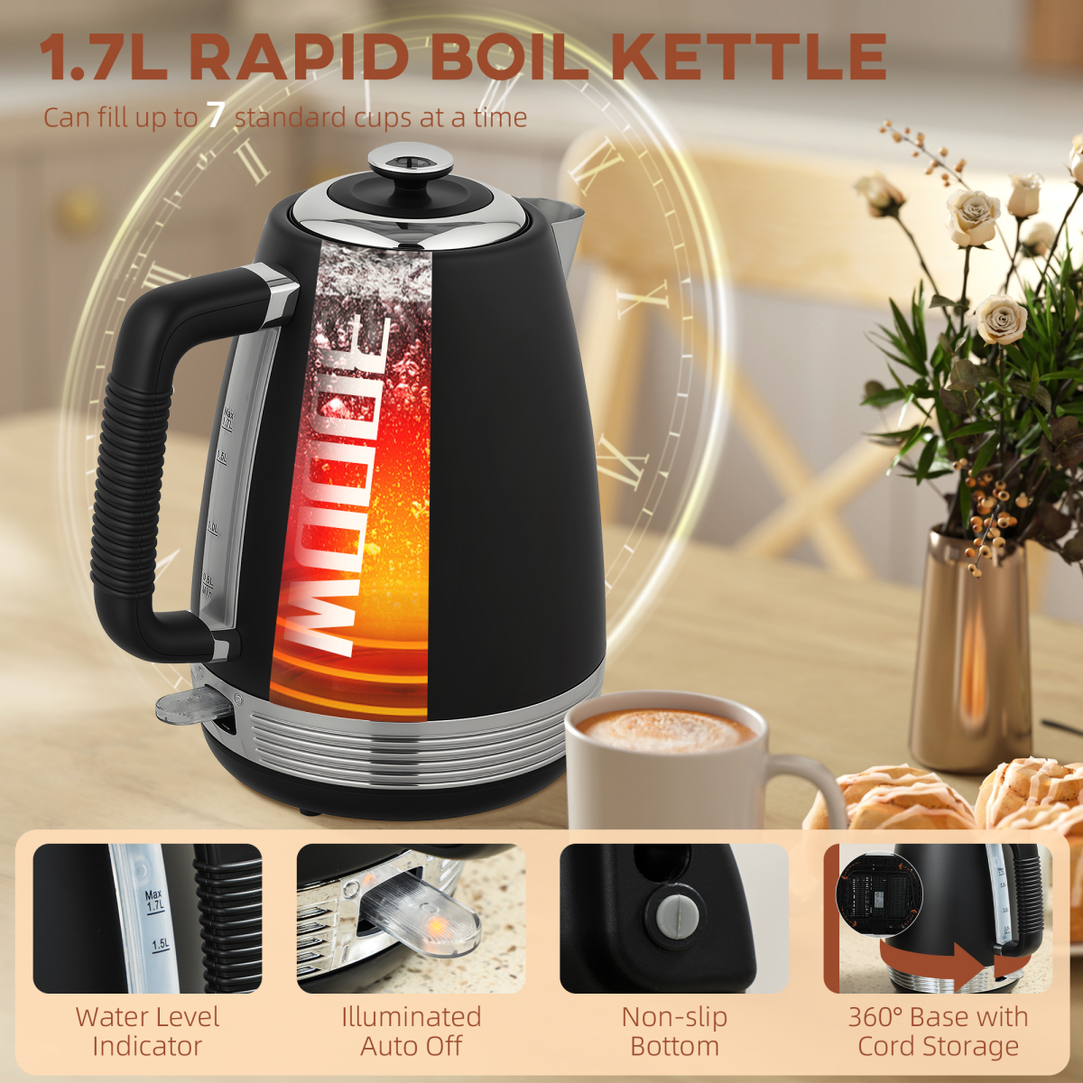 HOMCOM 1.7L 3000W Quick Boil Kettle and 4 Slice Toaster Set Crumb Tray Black