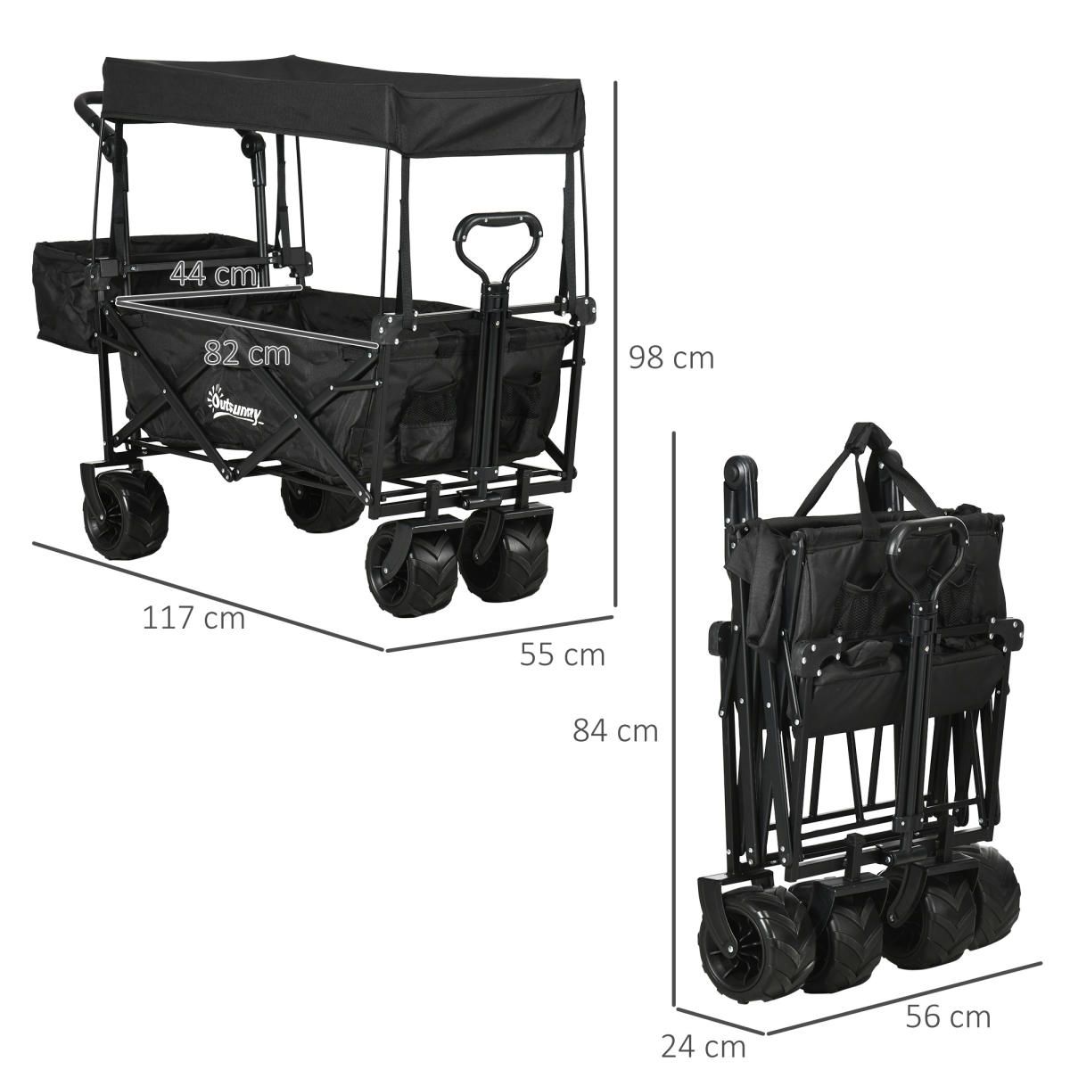 Trolley Cart Storage Wagon 4 Wheels w/ 2 Compartments Handle, Canopy, Black