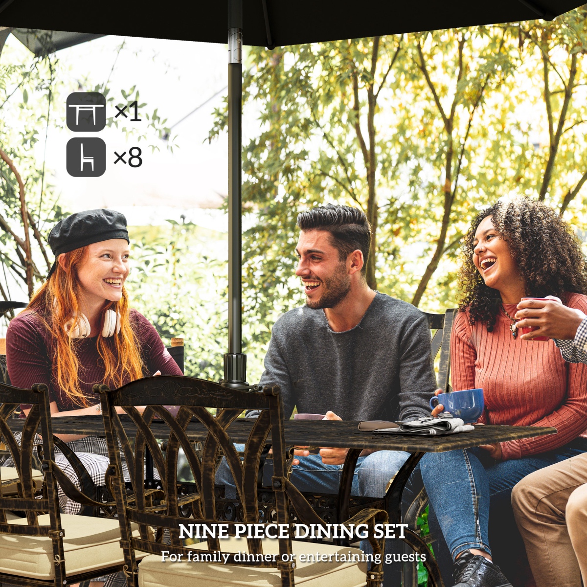 Elegant Nine-Piece Dining Set with Cushions & Parasol Hole for Outdoor Use