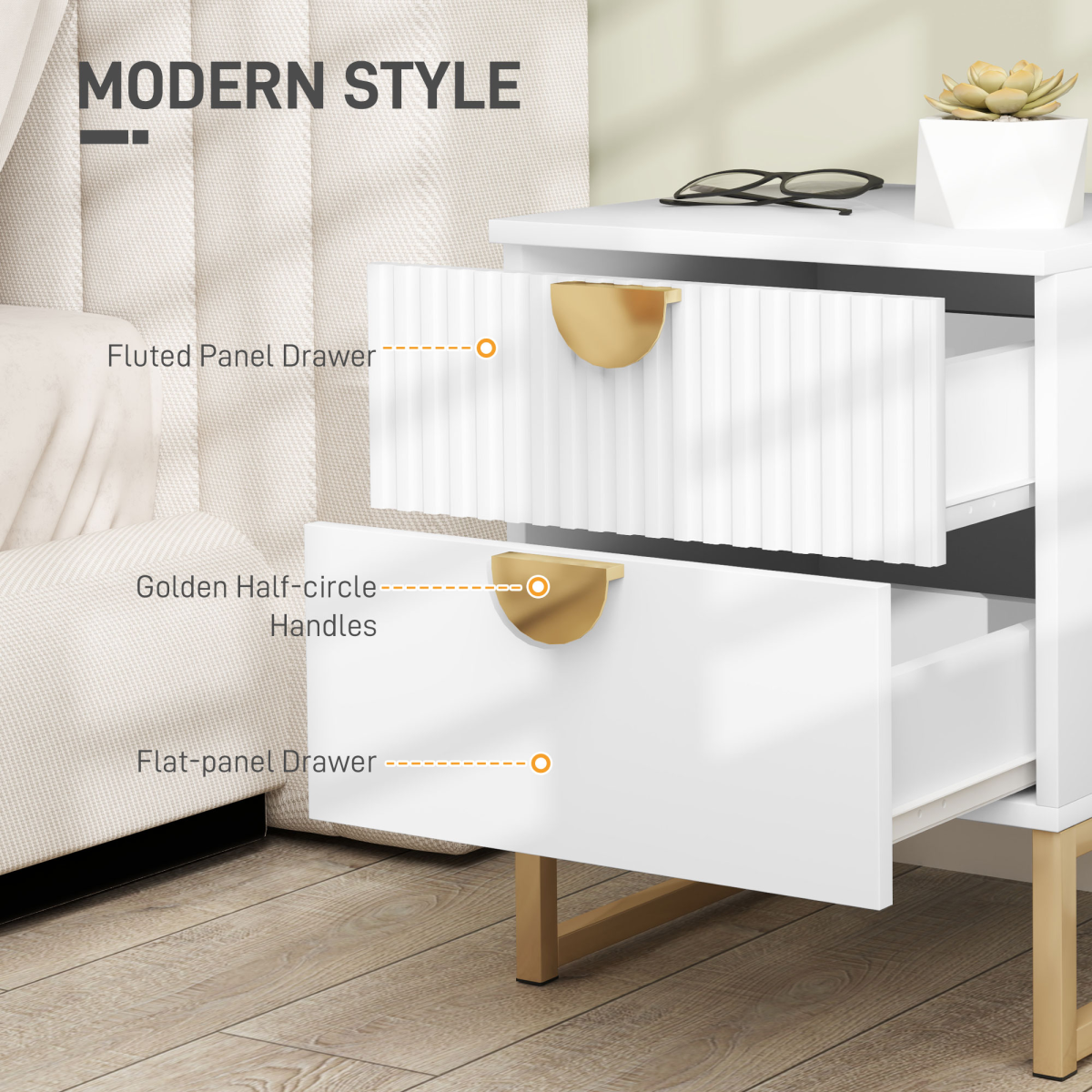HOMCOM Bedside Table with 2 Drawers for Bedroom, Living Room, White