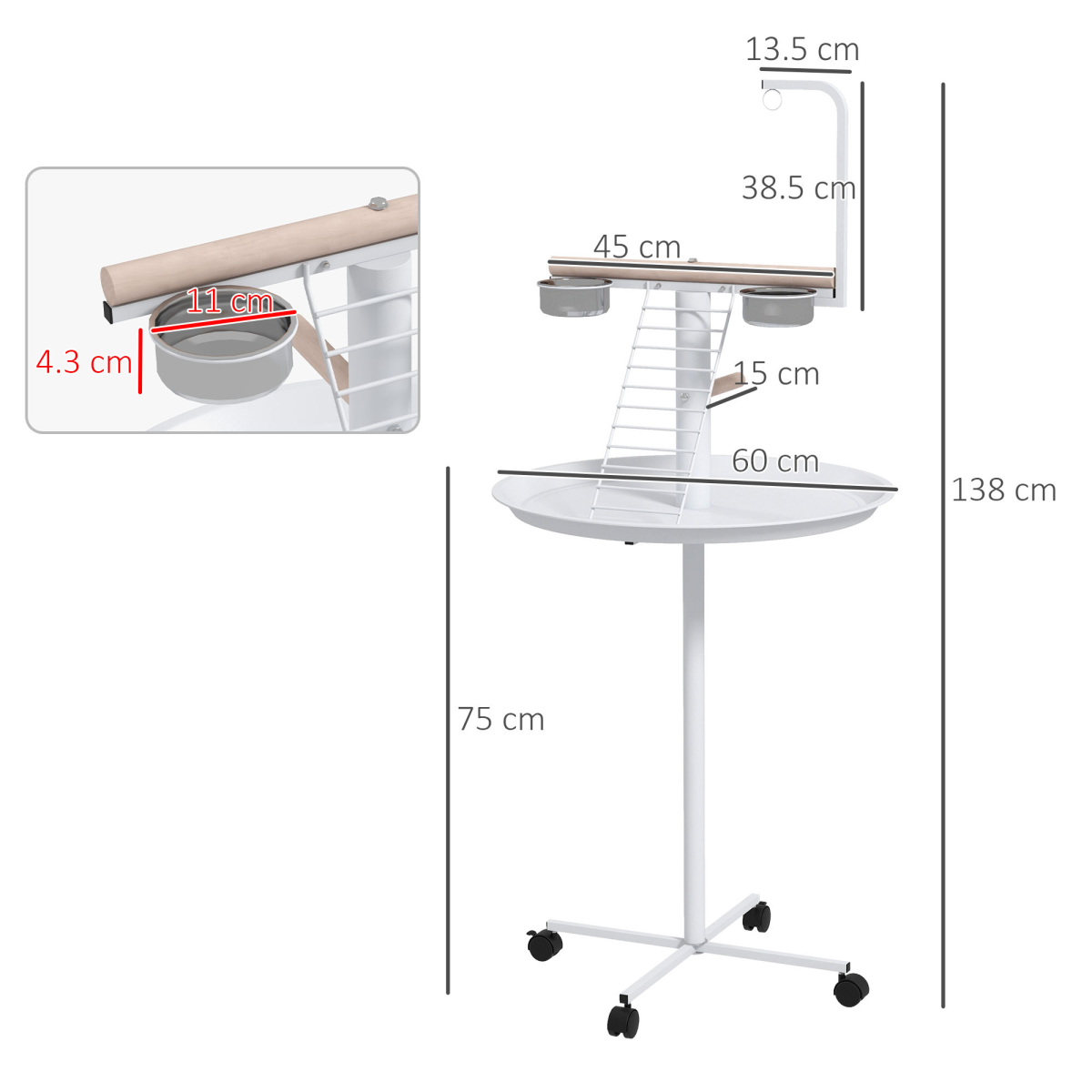 PawHut Bird Table with Four Wheels, Perches, Stainless Steel Bowls, Round Tray