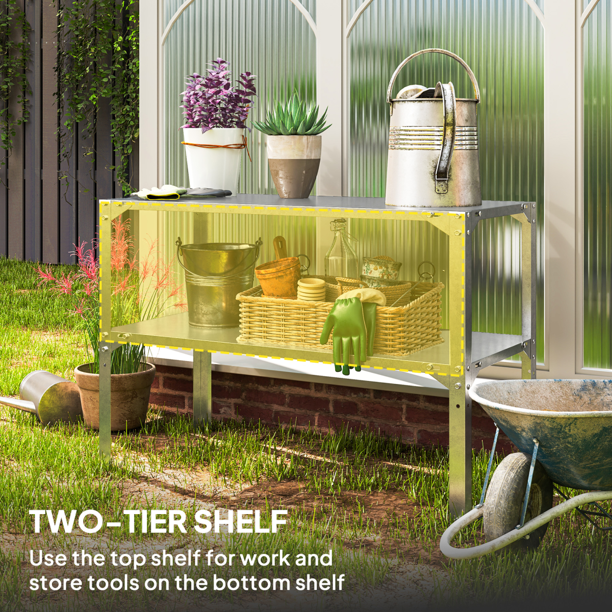 Outsunny 2 Tier Potting Bench Table, Galvanised Work Bench, Silver Tone
