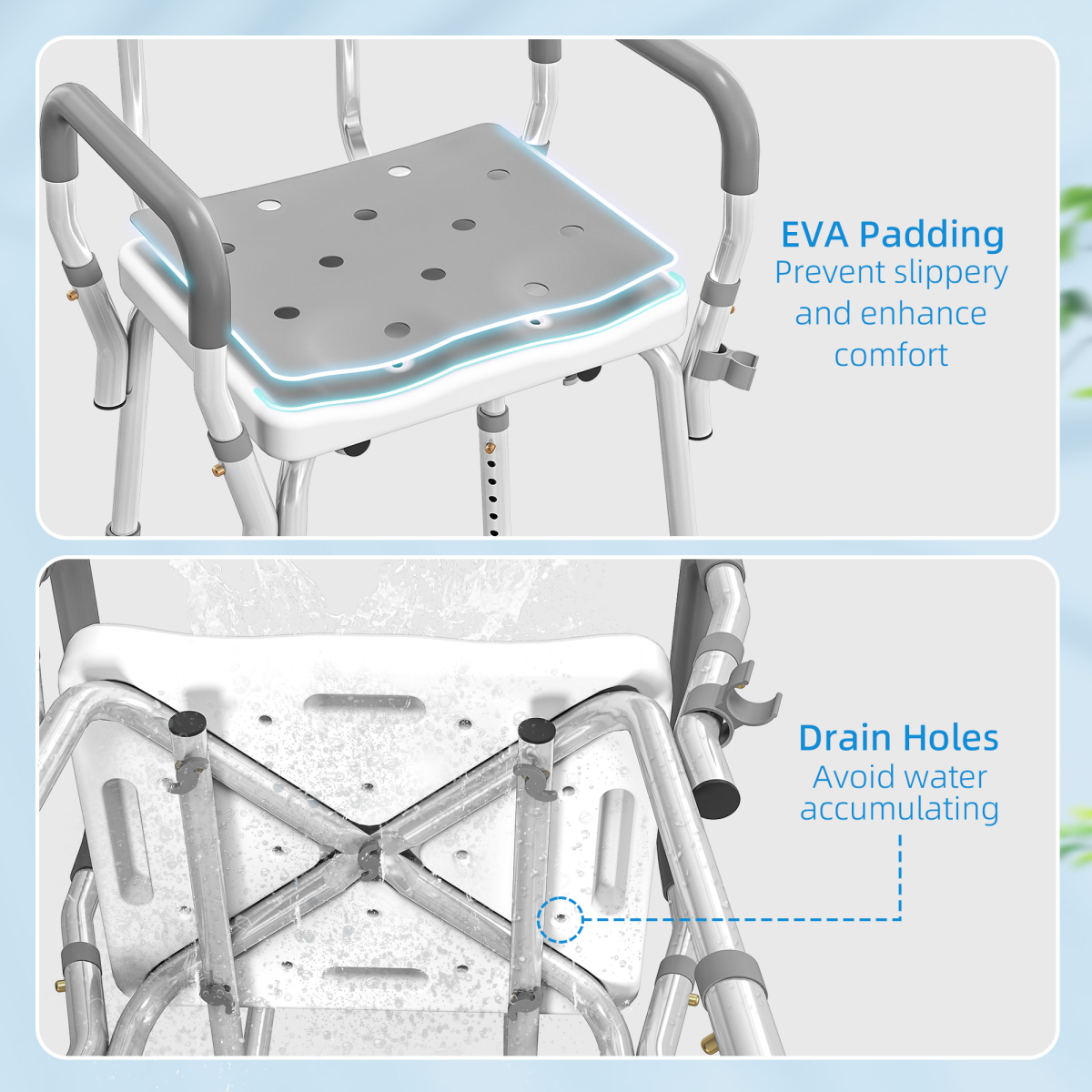 HOMCOM Padded Shower Stool with Arms and Back, 4 Suction Foot Pads, Grey