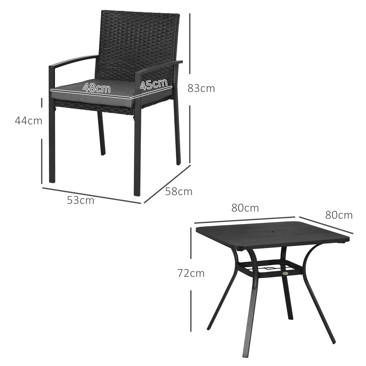 Outsunny 4 Seater Rattan Garden Dining Set Outdoor with Umbrella Hole - Black