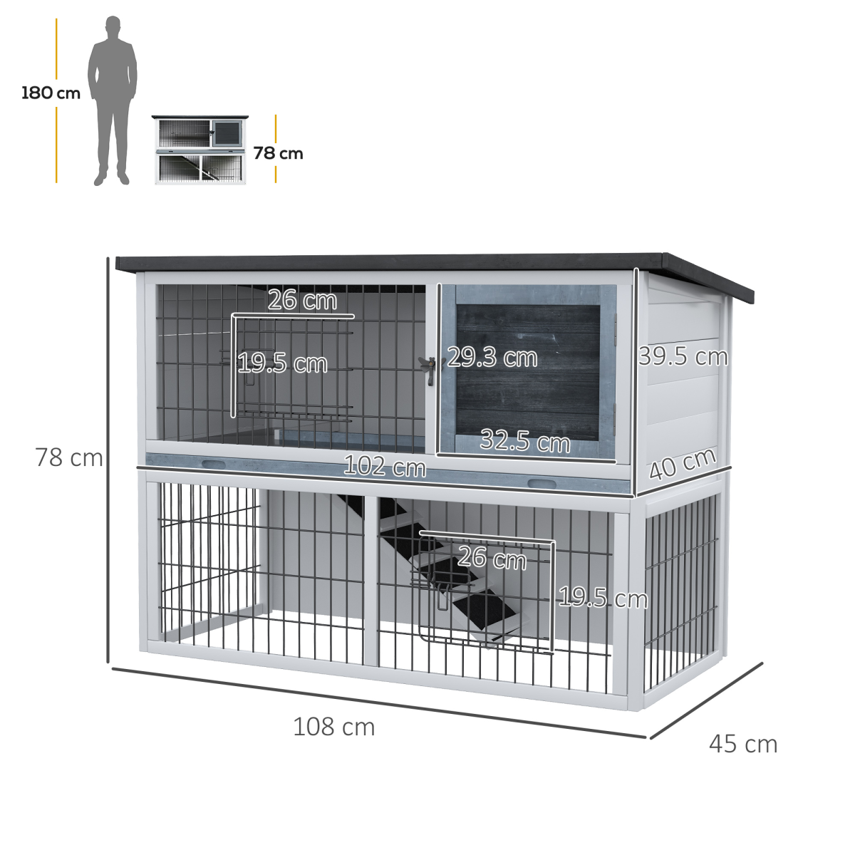 Rabbit Hutch and Run w/ Removable Tray Openable Top for Indoors & Outdoors Grey