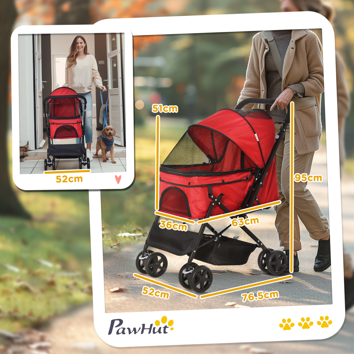 Pet Stroller Foldable Travel Dog Cat Carriage w/ Reversible Handle Brake Basket
