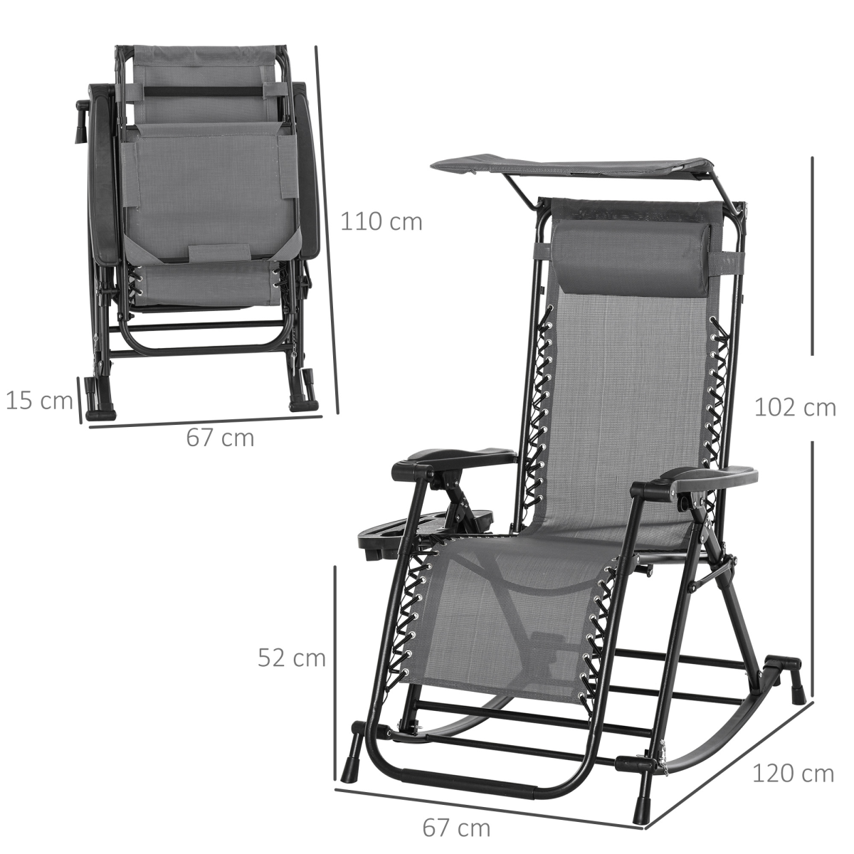 Folding Recliner Chair Outdoor Lounge Rocker Zero-Gravity Seat, Grey