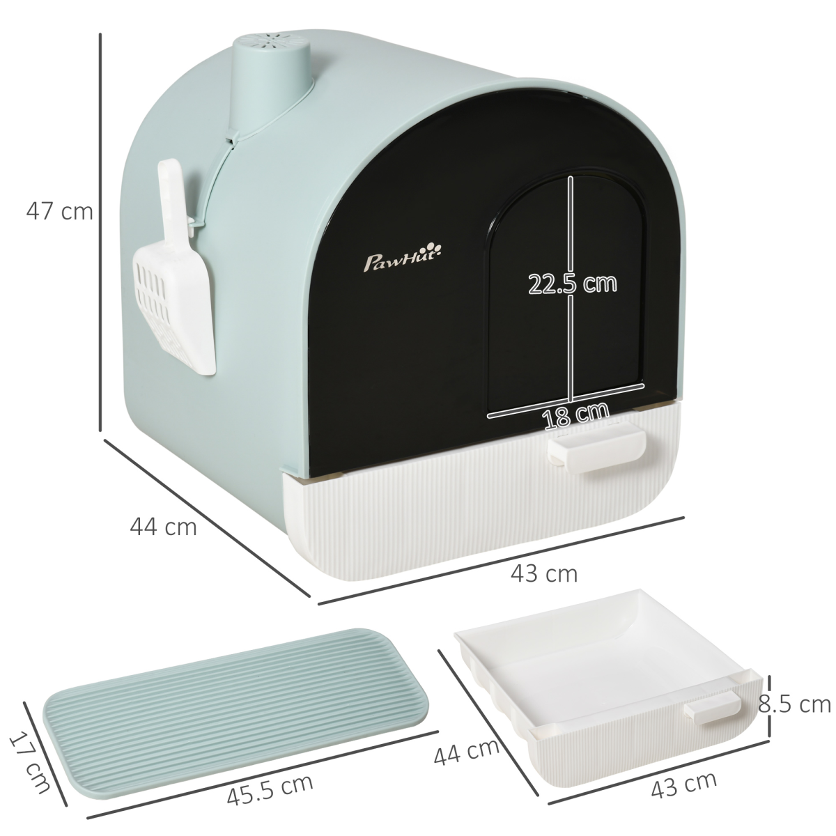 Hooded Cat Litter Tray Kitten Toilet W/ Scoop Filter Flap Door 43x44x47 cm Green