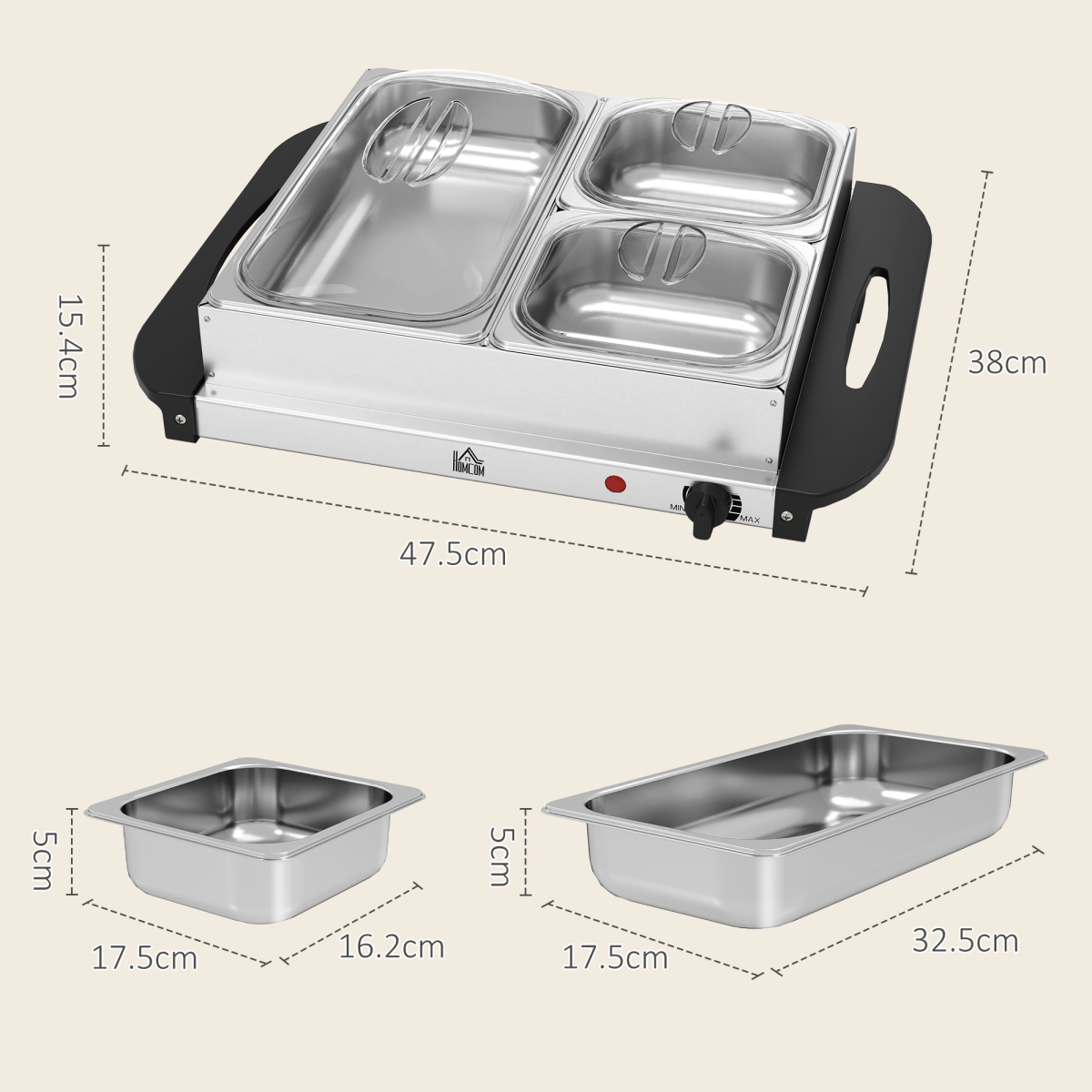 HOMCOM 6L Electric Food Warmer Buffet Server with Lids Cool Touch Handles