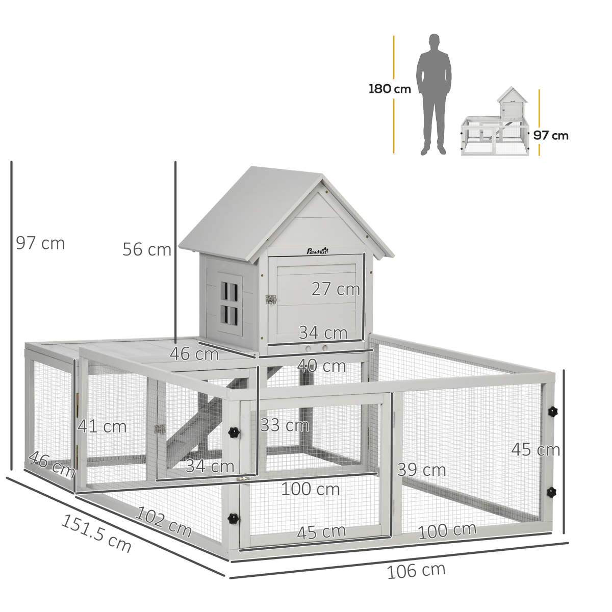 PawHut Rabbit Hutch Guinea Pig Cage w/ Slide-Out Tray, Fenced Area