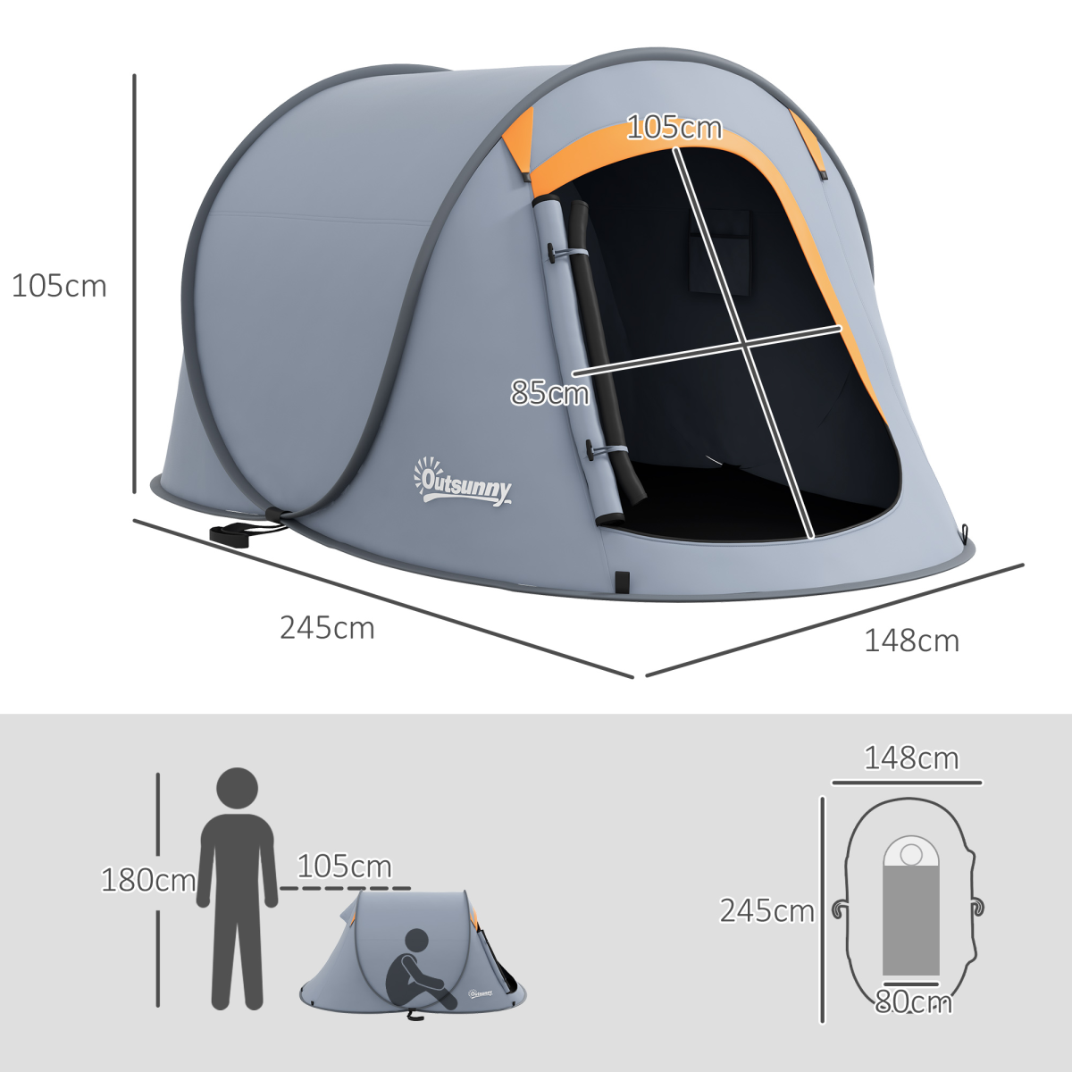 Outsunny Pop up Camping Tent for 2 Man, 2000mm Waterproof with Carry Bag, Grey