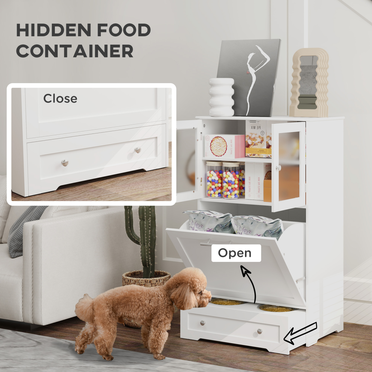 PawHut Dog Feeding Station with 2 Storage Cabinets, 2 Elevated Bowls, White