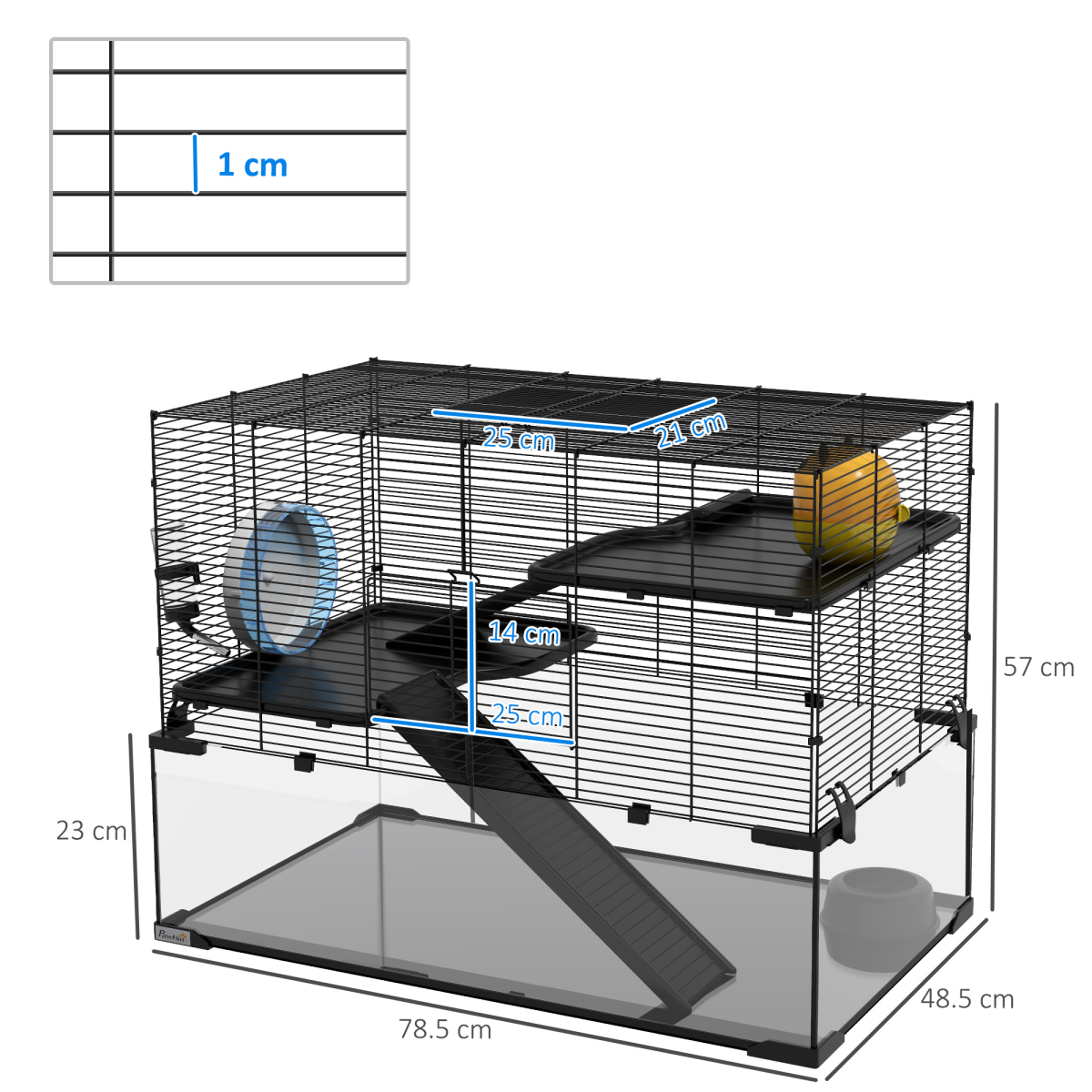 3 Tiers Hamster Cage w/ Deep Glass Bottom, Dish, Hut, 78.5 x 48.5 x 57cm