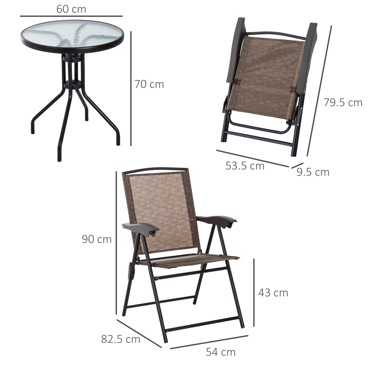 3 PCS Patio Furniture Bistro Set with Folding Chairs Tempered Glass Table Brown
