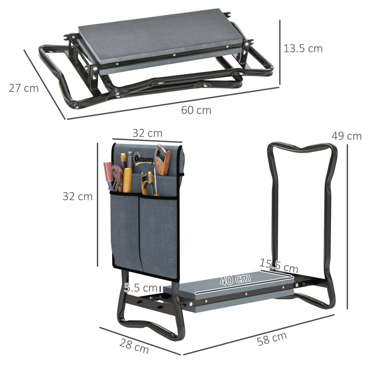 Outsunny Garden Kneeler Foldable Seat Bench EVA Foam Pad with Tool Bag Pouch