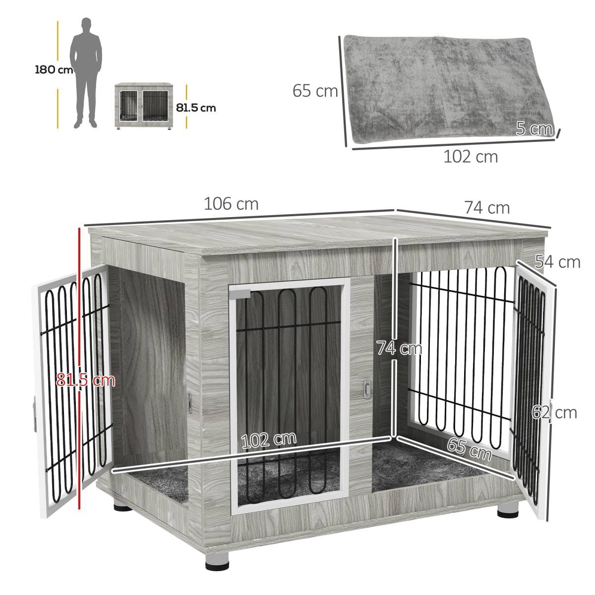 PawHut Dog Crate Furniture, Dog Crate End Table with Soft Cushion, Double Door