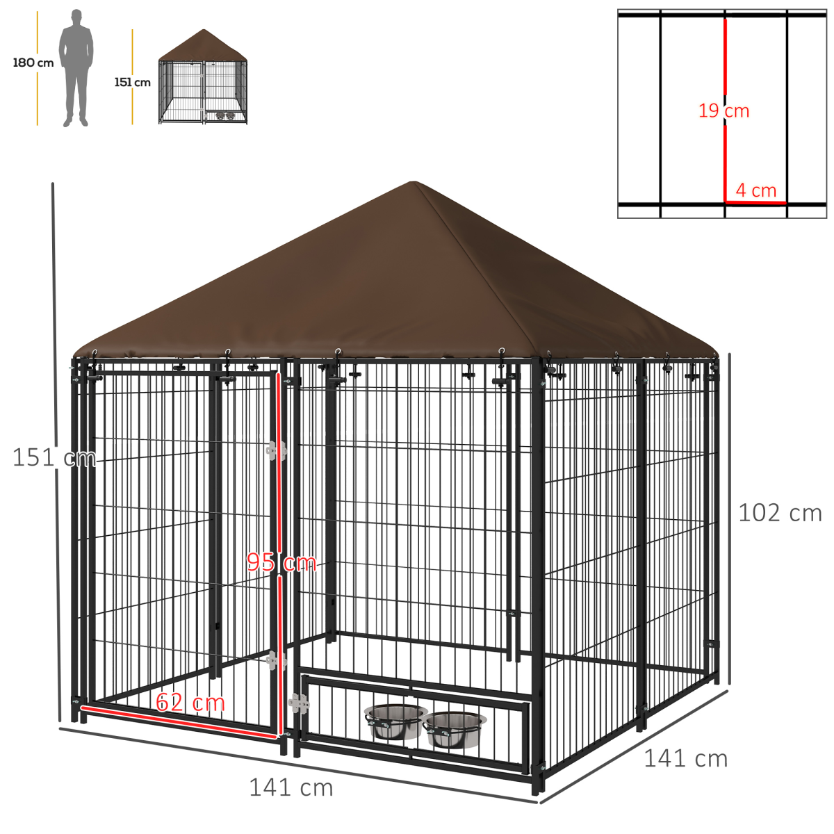 Outdoor Dog House Kennel with Canopy Top & Secure Lock Rotating Bowl Holder