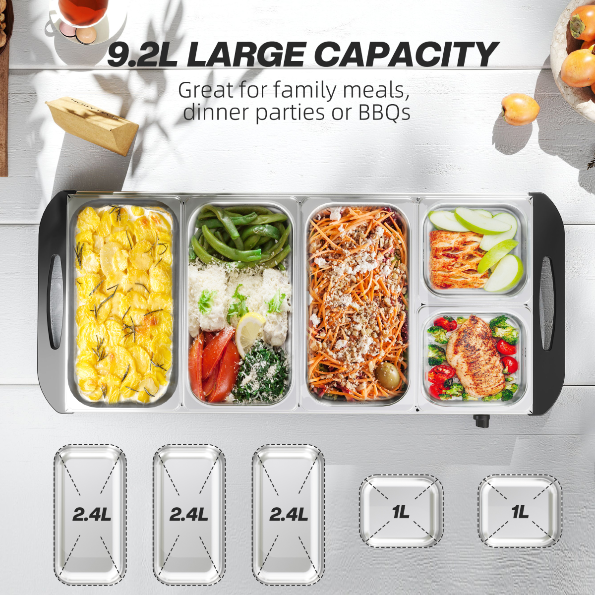 HOMCOM Electric Food Warmer 5 Tray, 9.2L Buffet Server with Lids, Silver