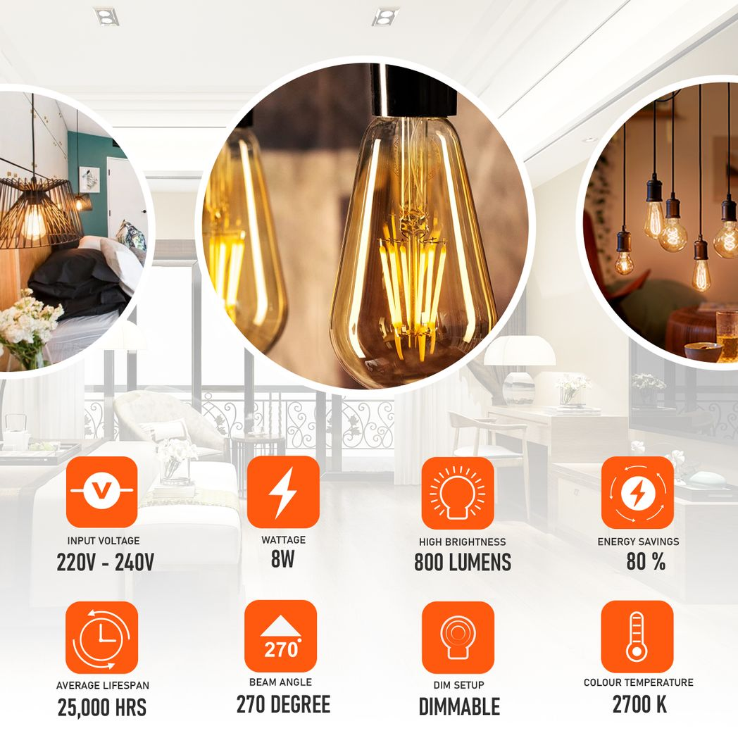 2Pack E27 LED Edison Dimmable Vintage Amber Glass Warm white 2700K Light Bulb