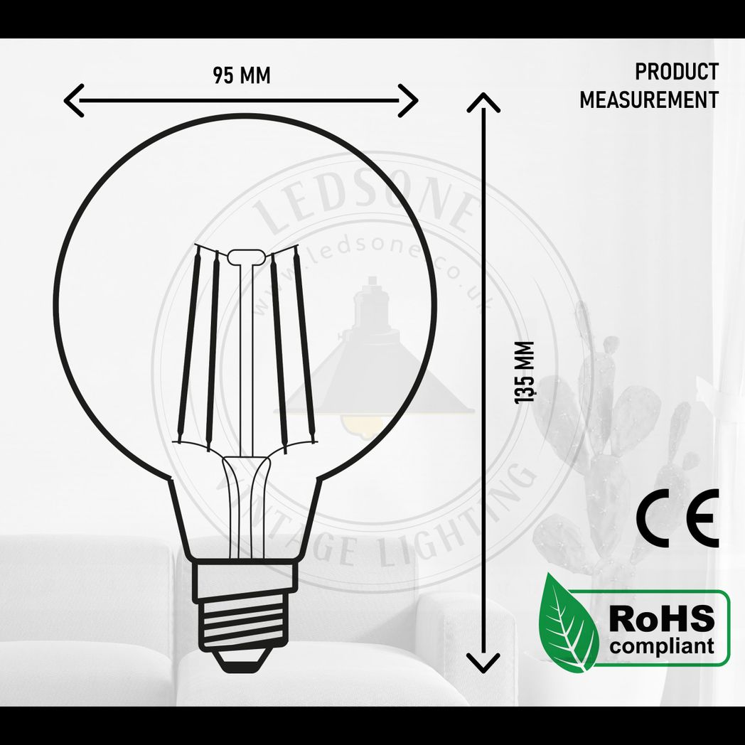 G95 E27 4W Edison Style LED filament  shape Retro 2700K Warm white screw bulbs