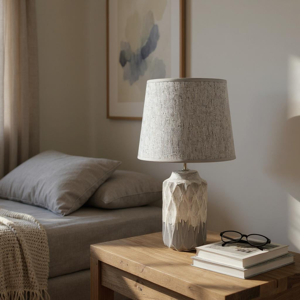AcaciaHome Modern and Classic Cute Grey Two-Tone Ceramic Table Lamp with White Drum Shade - Perfect Stylish and Functional Hall Light for Living Room. Bedroom, and Office Decor (43CM)