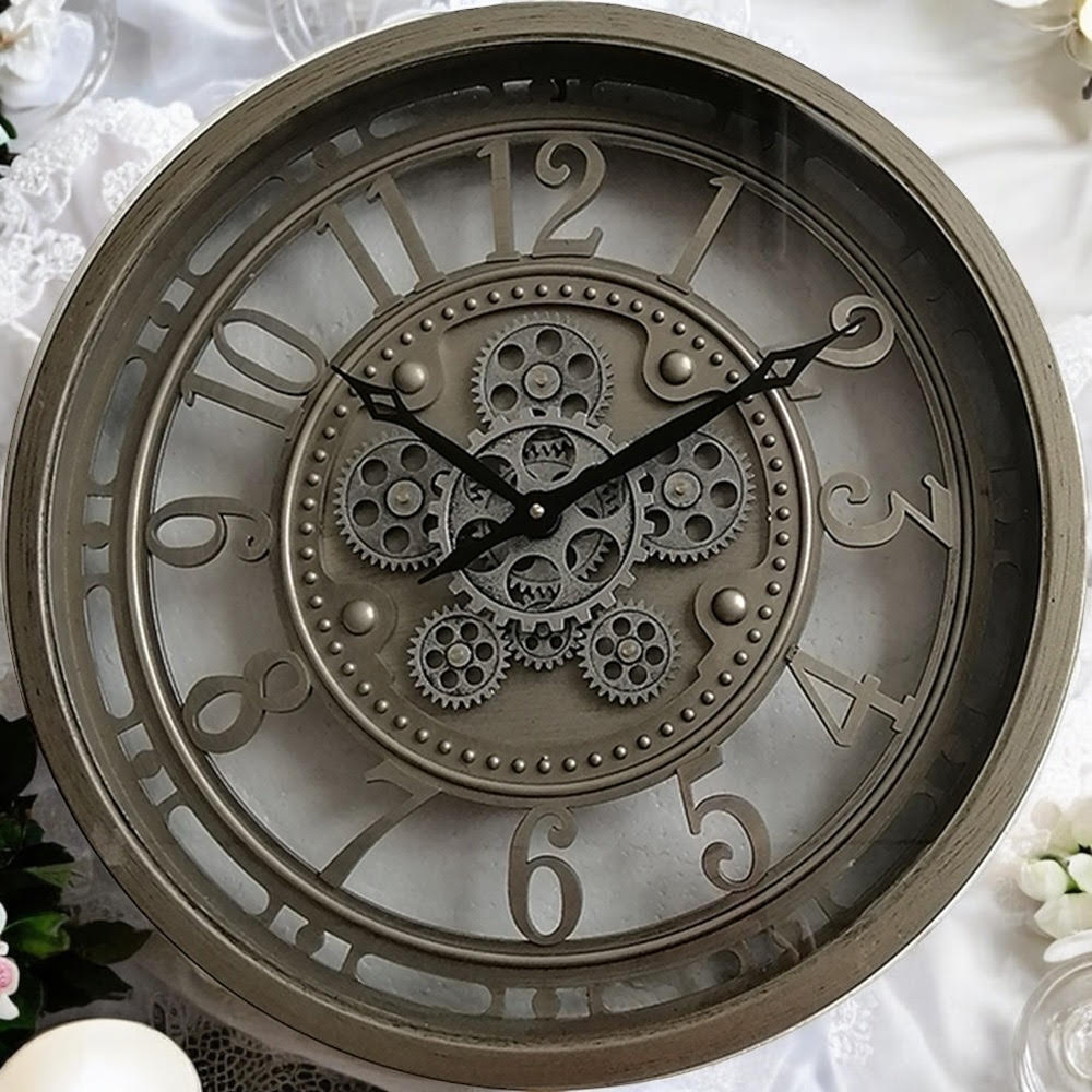 Stylish & Premium Elegant Wall Clock with Moving Gears - Round Metal Frame, Art Deco Style, Quartz Battery Movement for Dining Room, Living Rooms, Office, or Home Office Décor. (Grey Globe 46cm)