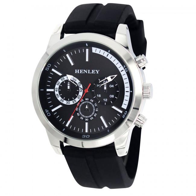 Henley Mens classy sporty Multi eye dials Large Silicone Watch Black/Black H02227.3