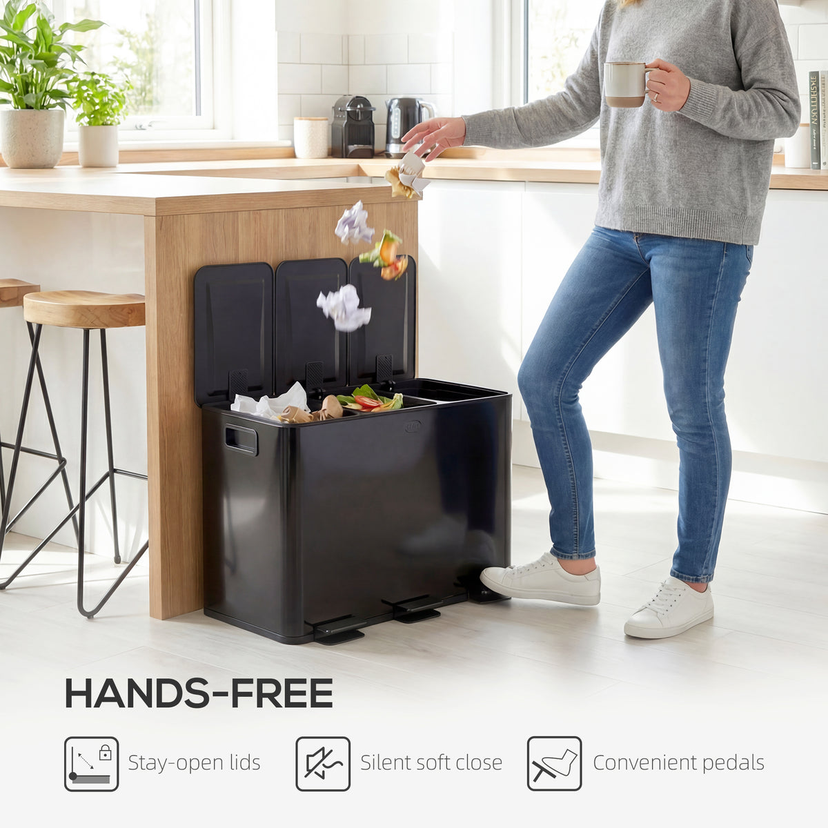 HOMCOM 3 x 15L Pedal Bin, Steel Triple Kitchen Bin with Soft Close Lid, Removable Inner Buckets, Fingerprint-Proof, Black