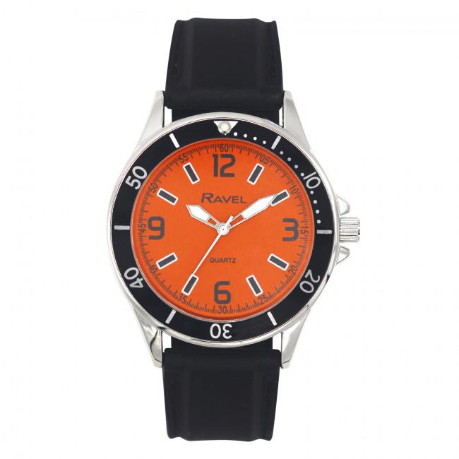 Ravel Mens Sports Orange Dial Black Silicone Strap Watch