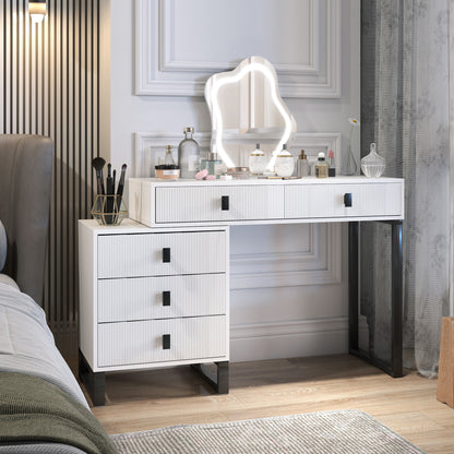 HOMCOM Dressing Table, Vanity Desk with Leaf Shape Mirror, Makeup Table with 5 Drawers, 3-Colour LED Lights, 100x40cm Tabletop, White