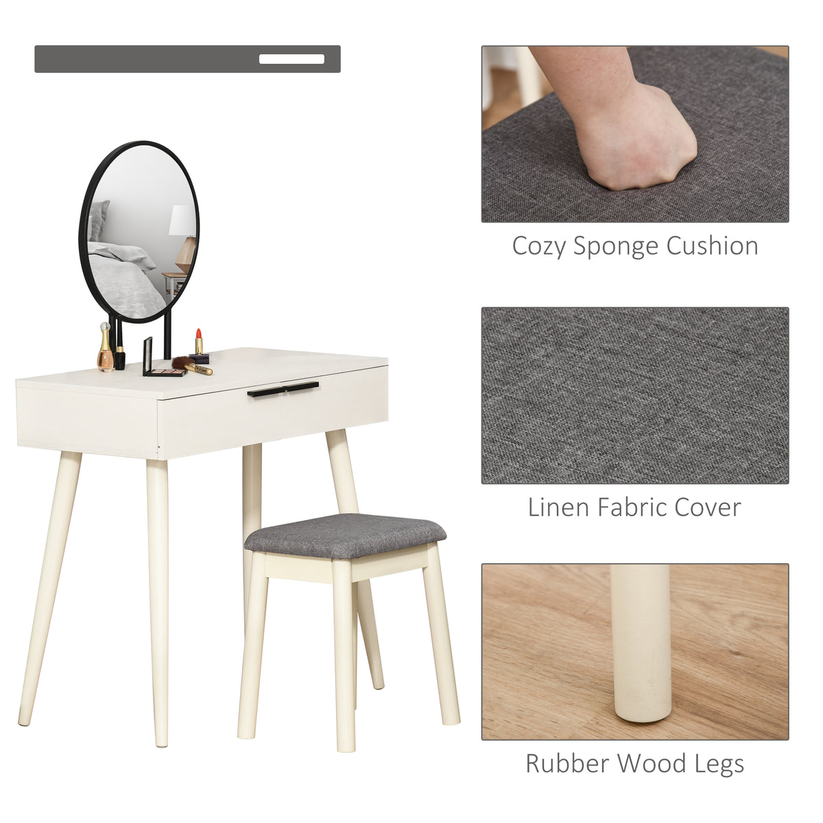 HOMCOM Modern Dressing Table with Round Mirror and Stool, Makeup Vanity Table with 2 Drawers for Bedroom, Living Room, 80 x 40 x 123 cm, White