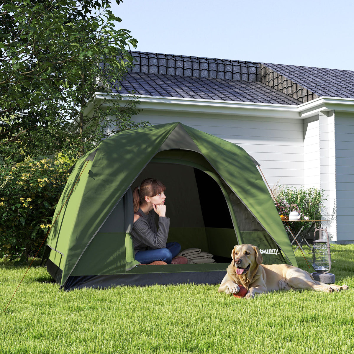 Outsunny Camping Tent, Easy Set Up 2-3 Man Tent with Sewn-in Groundsheet, 3000 mm Dome Tent w/ Mesh Windows, Olive Green and Grey