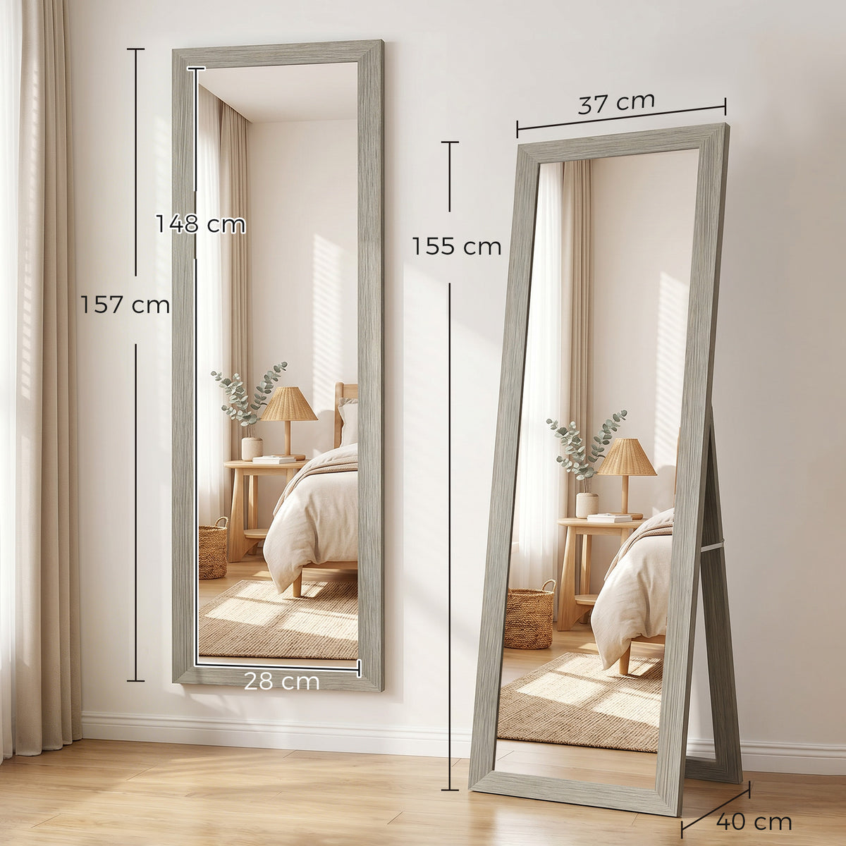 HOMCOM Full Length Mirror, 37 x 157 cm, Hanging or Freestanding, Rectangular Full Body Mirror for Living Room, Bedroom, Grey