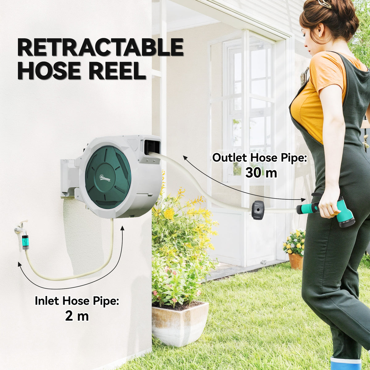 Outsunny Retractable Hose Reel Wall Mounted, 30+2m Garden Hose Pipe Reel with Lock, Auto Rewind, 7 in 1 Spray Nozzle, Includes Wall Fixings, 180° Swivel, Outdoor Watering, 59 x 23 x 42 cm, Grey