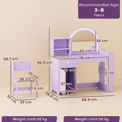 AIYAPLAY Kids Vanity Table and Chair Set, Kids Vanity Table with 2-Colour LED Mirror, Stool, Cabinet, Drawer, Shelves, Purple