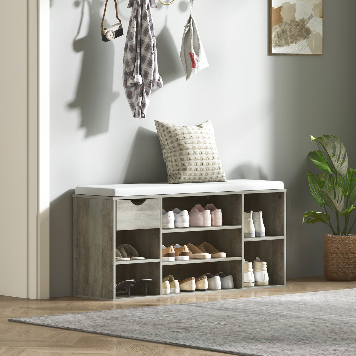HOMCOM Shoe Storage Bench with Cushion - Grey