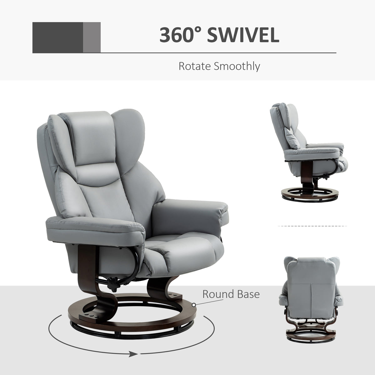 HOMCOM 360° Swivel Recliner Chair with Footstool, PU Leather Manual Recliner Armchair with Footstool, Solid Wood Base, Upholstered Reclining Chair for Living Room, Bedroom, Office, Light Grey