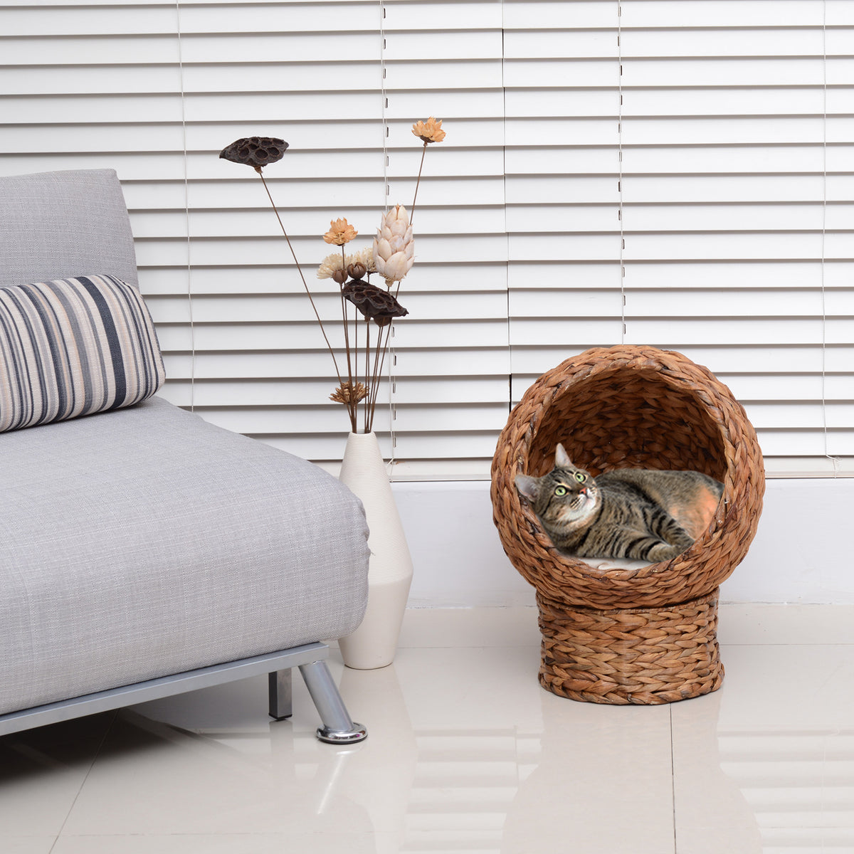 PawHut Wicker Cat Bed, Raised Rattan Cat Basket with Cylindrical Base, Soft Washable Cushion, 40 x 37 x 51 cm - Brown