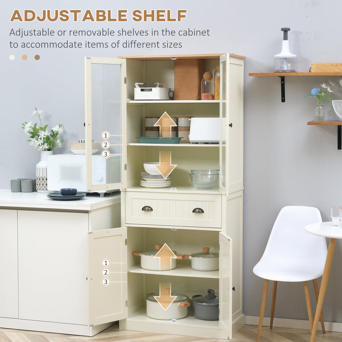 HOMCOM Freestanding Kitchen Cupboard, 5-tier Storage Cabinet with Adjustable Shelves and Drawer, Cream White