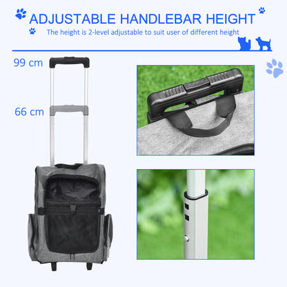 PawHut 2 in 1 Dog Backpack and Trolley, Pet Travel Backpack Cat Dog Carrier with Telescopic Handle, Portable Pet Stroller Wheel Luggage Bag (Grey)
