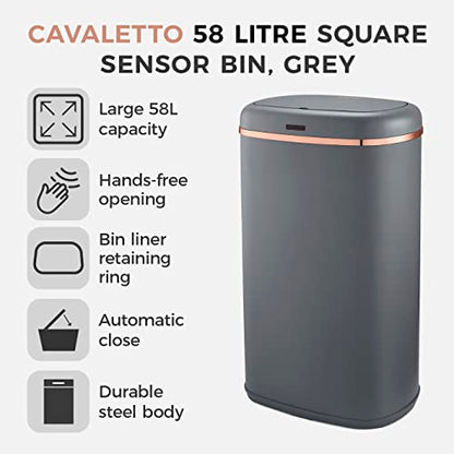 Tower T838010GRY Cavaletto Square Sensor Bin, 58L, Grey and Rose Gold