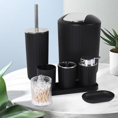 FEILANDUO Bathroom Accessories Sets Complete, 8 Pcs Bathroom Accessory Set with Trash Can, Soap Dispenser, Soap Dish, Toothbrush Holder, Toothbrush Cup, Toilet Brush and Qtip Holders,Vanity Tray,Black
