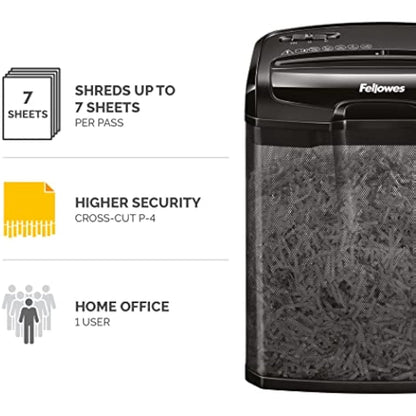 Fellowes Powershred M-7CM Personal 7 Sheet Cross Cut Paper Shredder for Home Use, Black