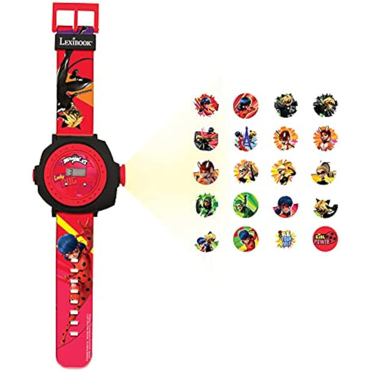 LEXIBOOK Miraculous Ladybug Cat Noir, Adjustable Projection Watch Digital Screen with 20 Images, Red/Black, DMW050MI