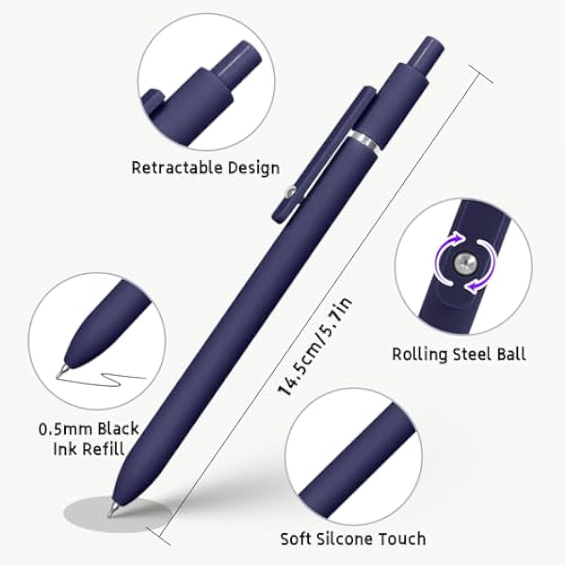 UIXJODO Gel Pens, 5 Pcs 0.5mm Japanese Black Ink Pens Fine Point Smooth Writing Pens with Silicone Grip, High-End Series Metal Clip Retractable Pens (5 Pcs Vintage)